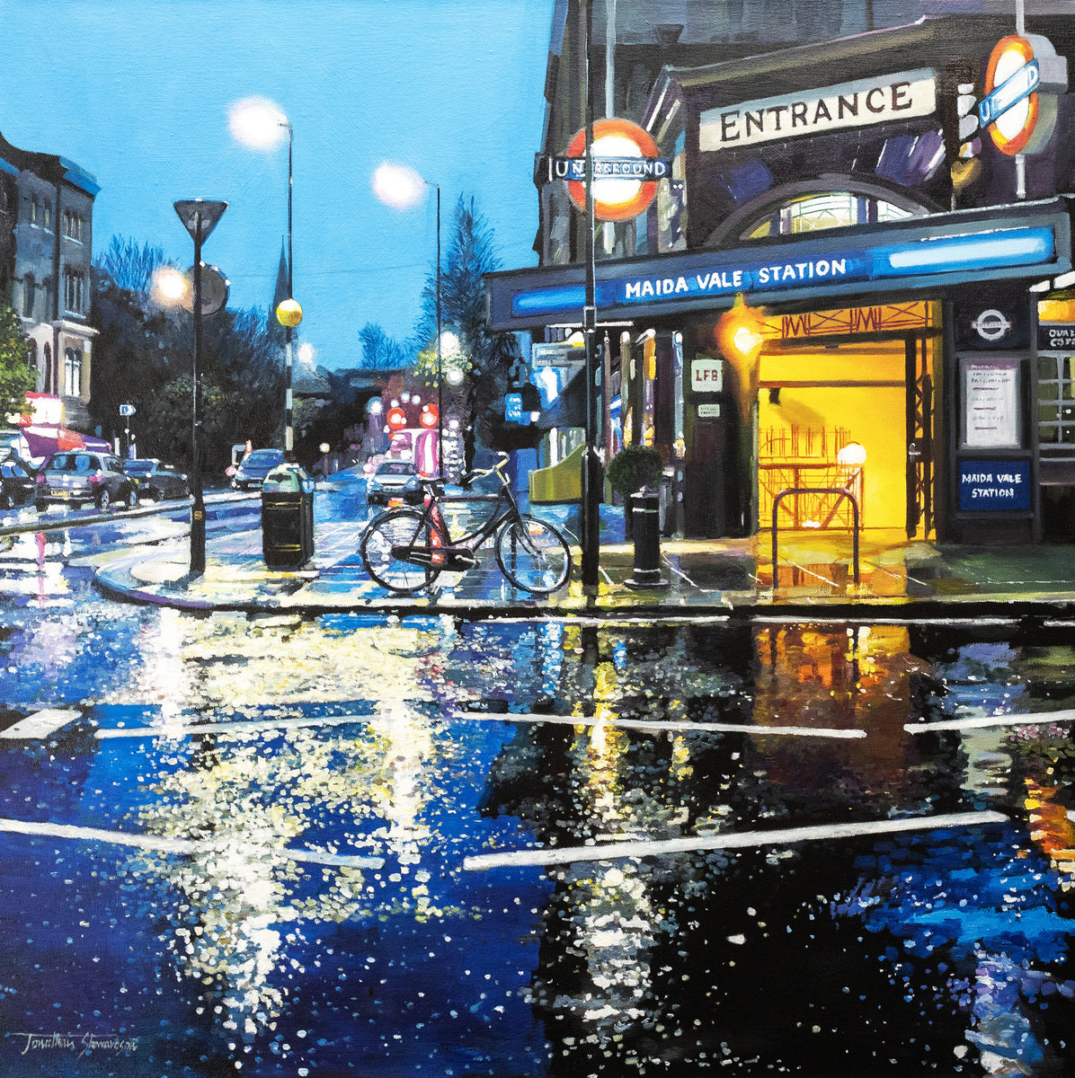 Atmospheric oil painting of Maida Vale London Underground station at night by artist Jonathan Stewardson.