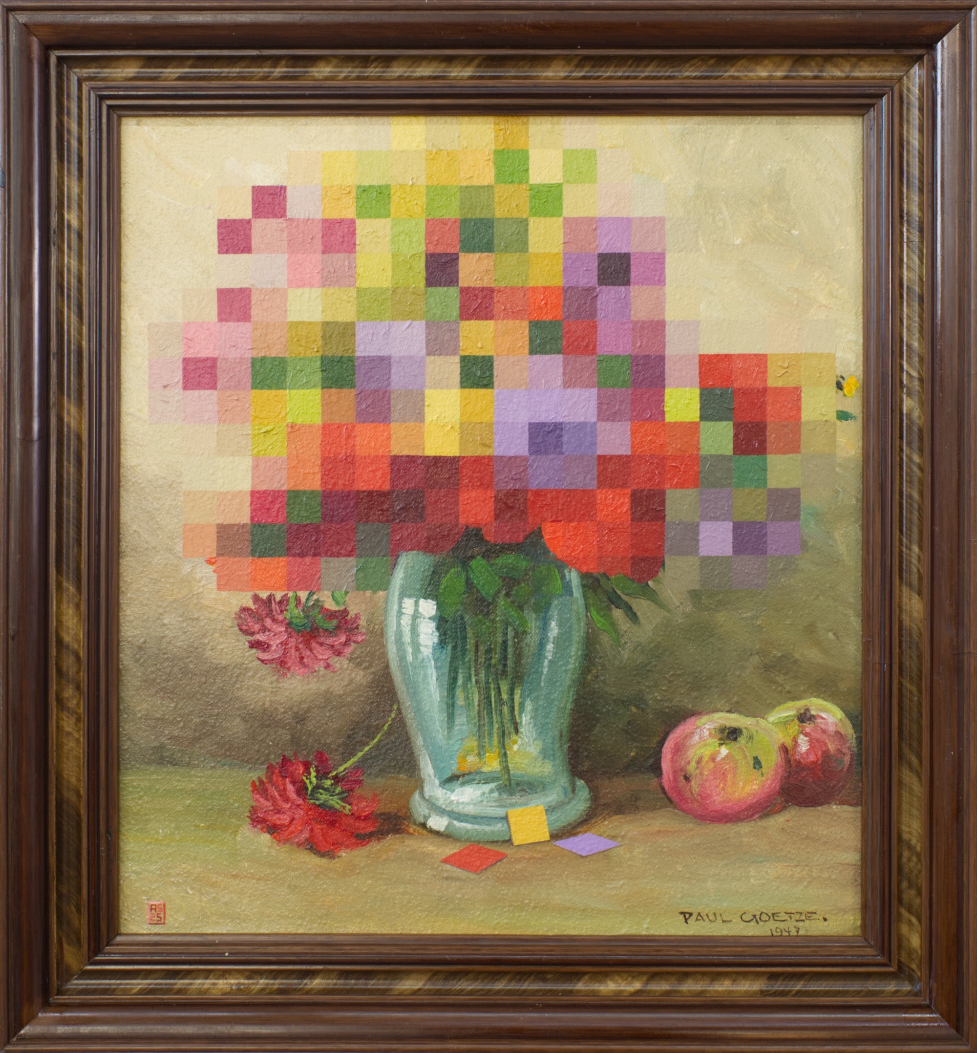 Still life painting by André Schulze featuring a pixelated bouquet of flowers in a vase, blending classical realism with modern digital abstraction, framed in dark wood.