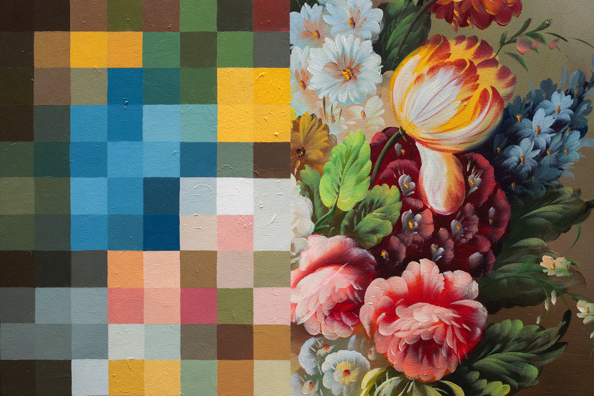 Still life painting by André Schulze featuring a pixelated bouquet of flowers in a vase, blending classical realism with modern digital abstraction, framed in dark wood.
