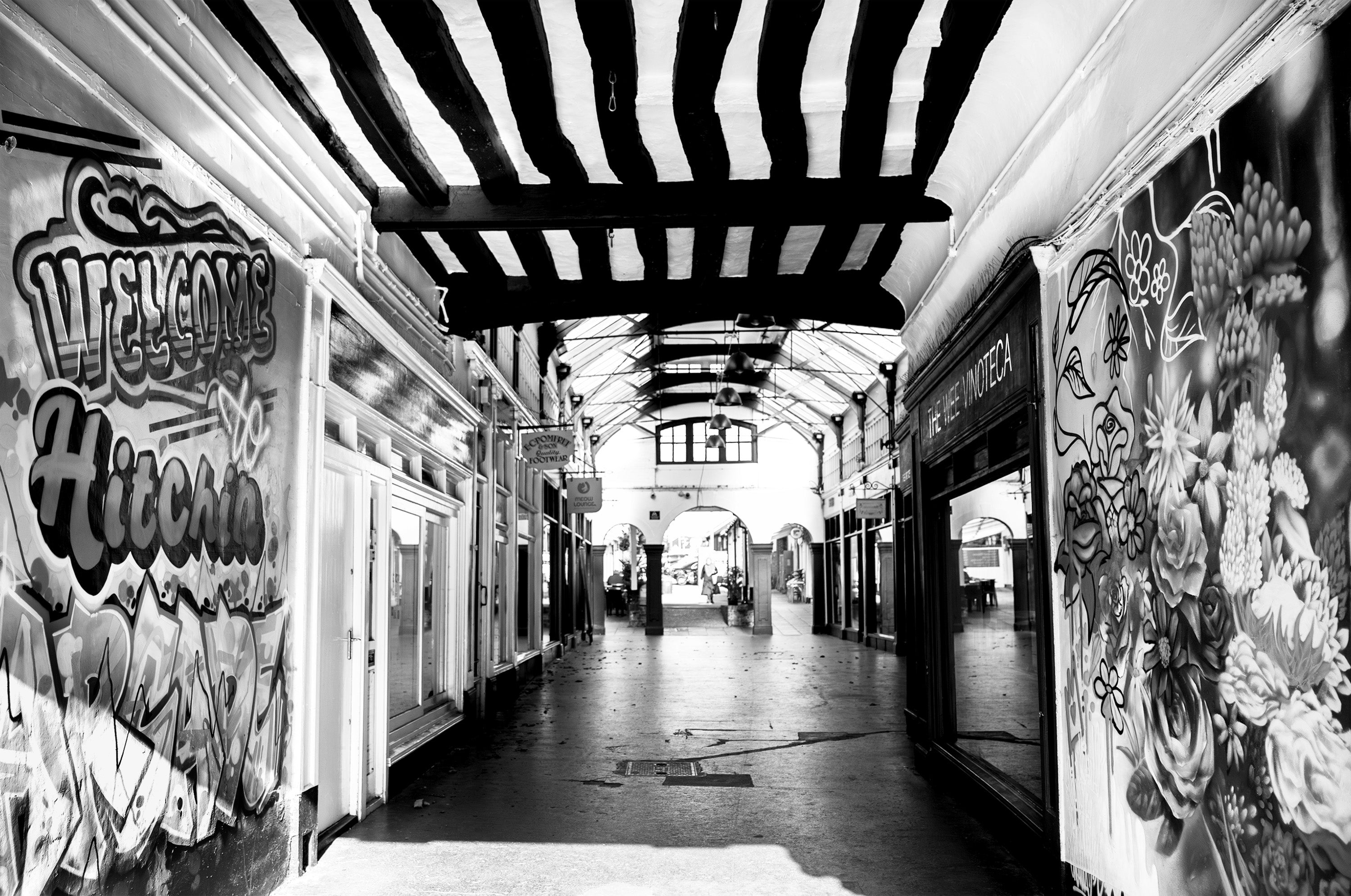 Welcome to Hitchin Arcade - Black & White Photography Print