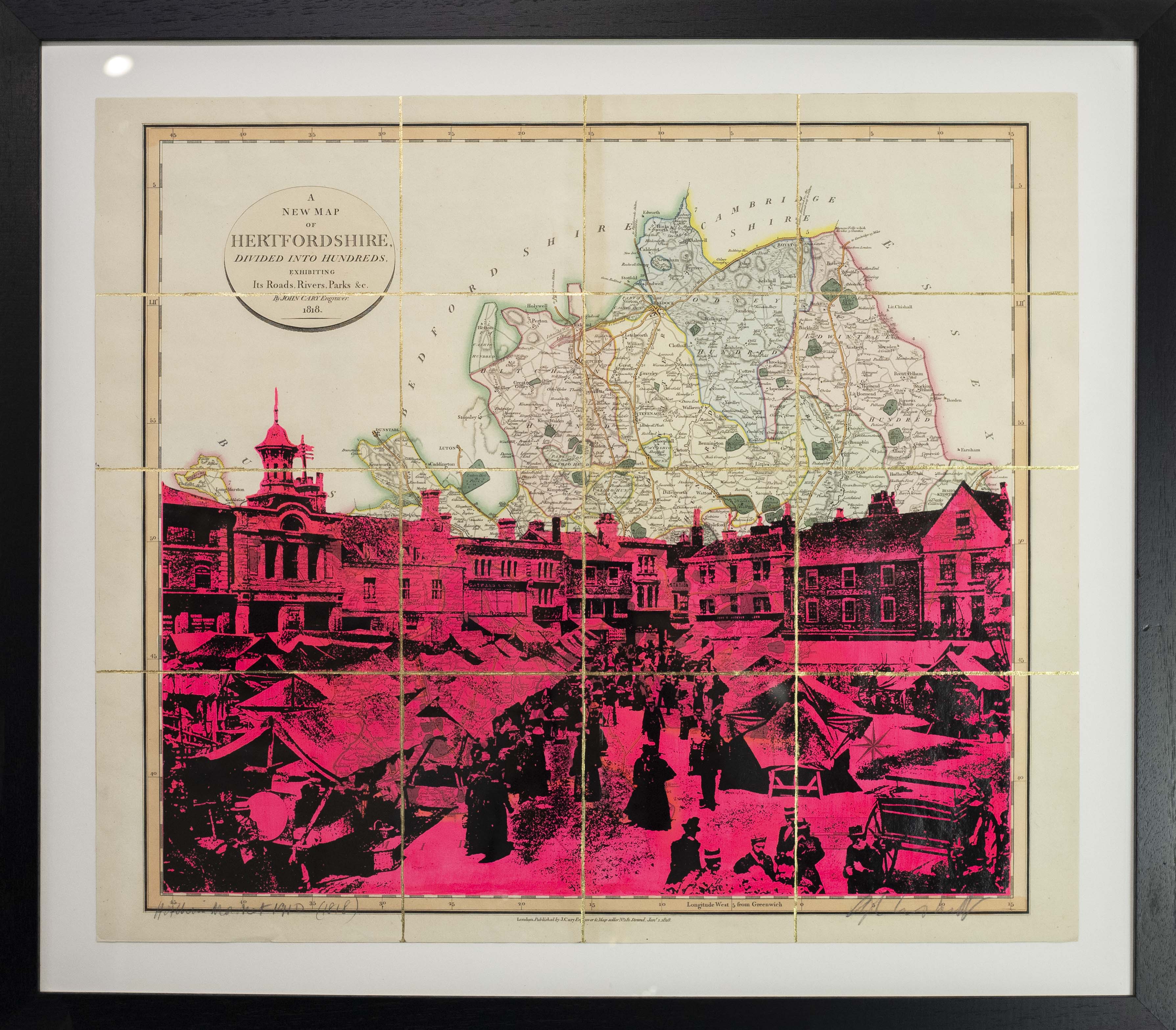 Hitchin Market, 1910 View. 1818 Map. Fluro Pink Ink