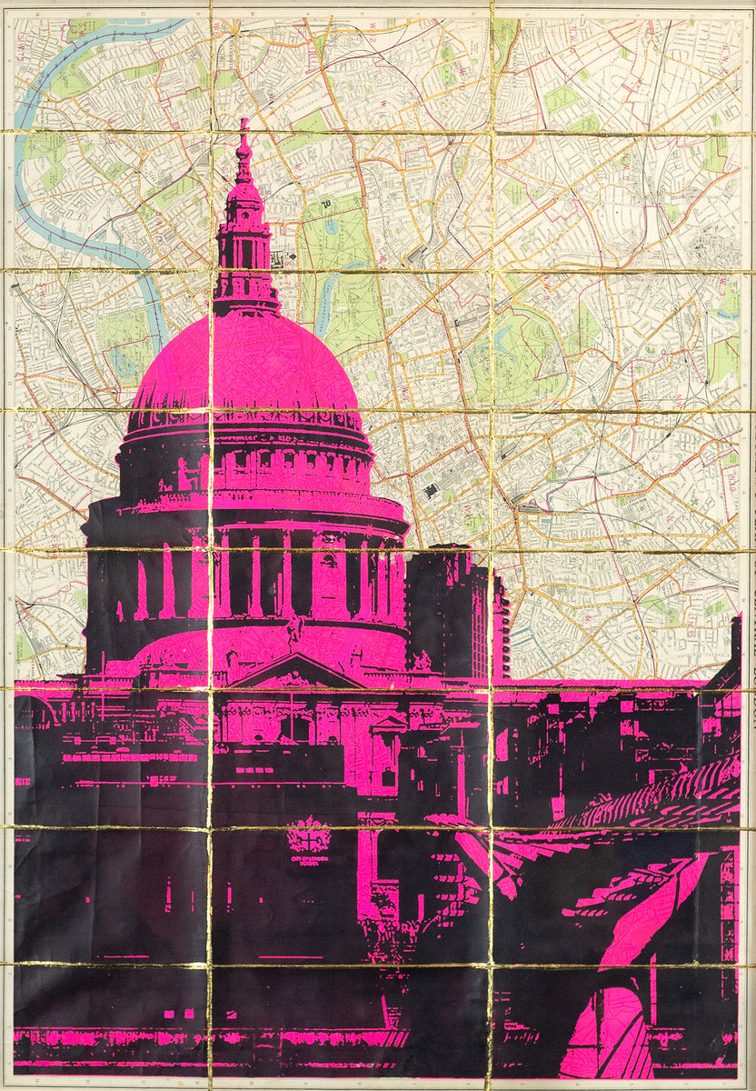 Artwork by Angela Morris-Winmill featuring a bold magenta print of St Paul’s Cathedral overlaid on a vintage map of London.