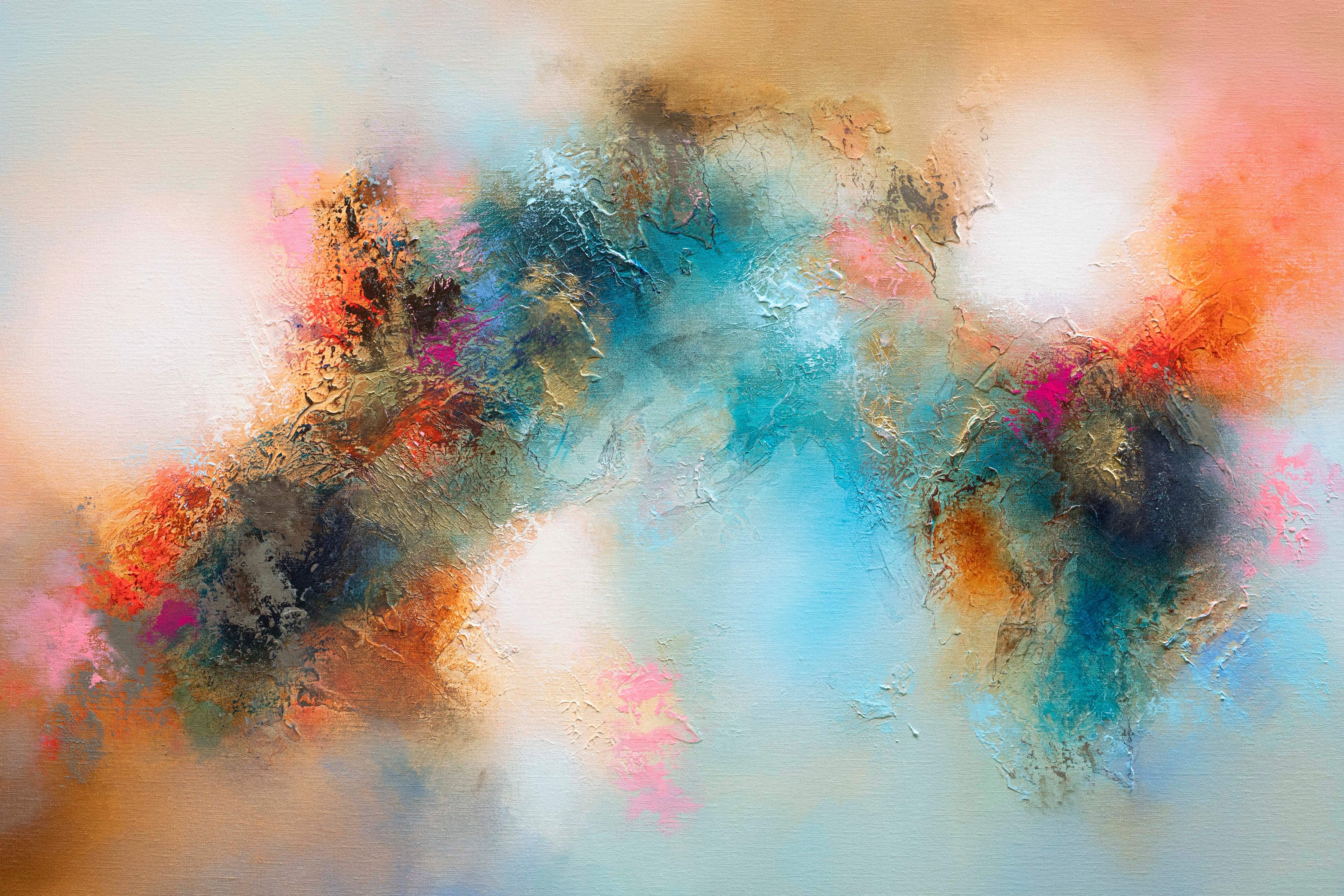 Abstract painting by Eelco Maan featuring an explosion of blue, orange, and red hues blending together in a cloud-like composition.