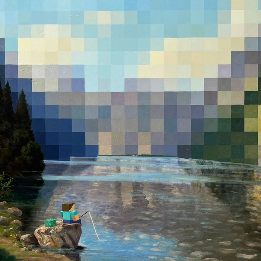 Still life painting by André Schulze featuring a pixelated bouquet of flowers in a vase, blending classical realism with modern digital abstraction, framed in dark wood.