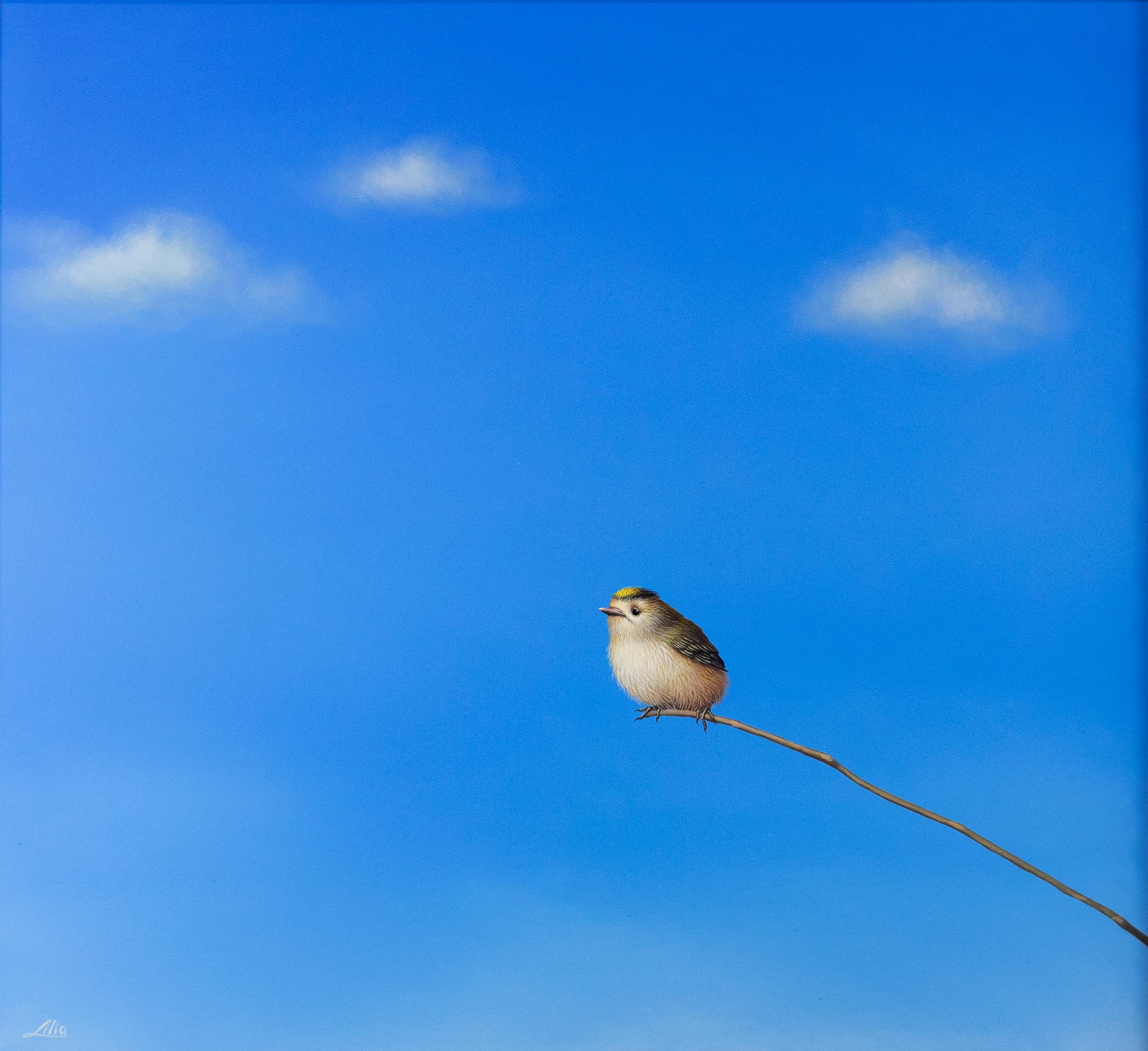 Surreal painting by Lilia Mazurkevich featuring birds perched on a thin branch against a bright blue sky, capturing her whimsical and thought-provoking style.