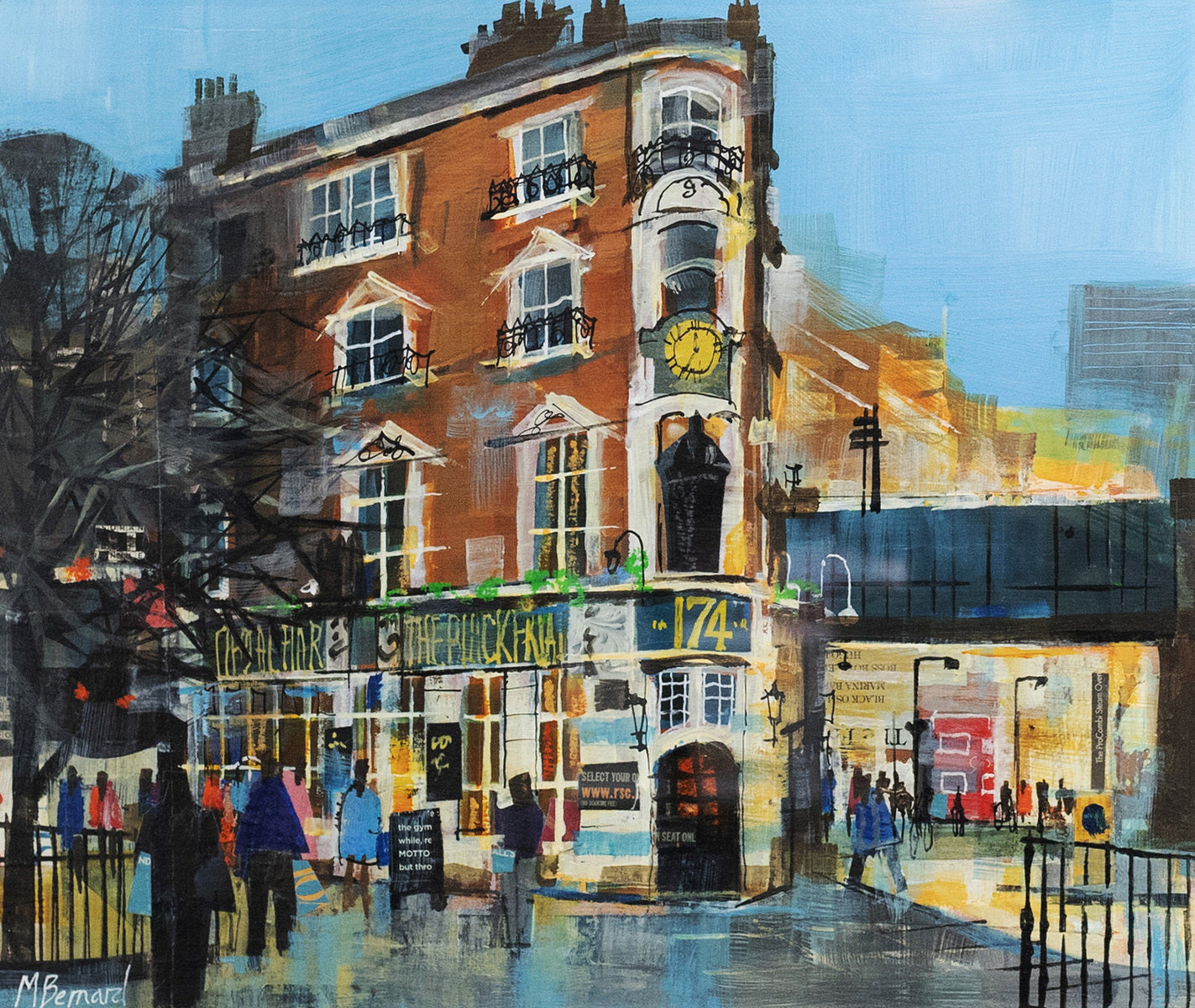 Mixed media painting of a London street corner with the historic "The Plough" pub, featuring vibrant urban textures and figures walking under a clear blue sky.