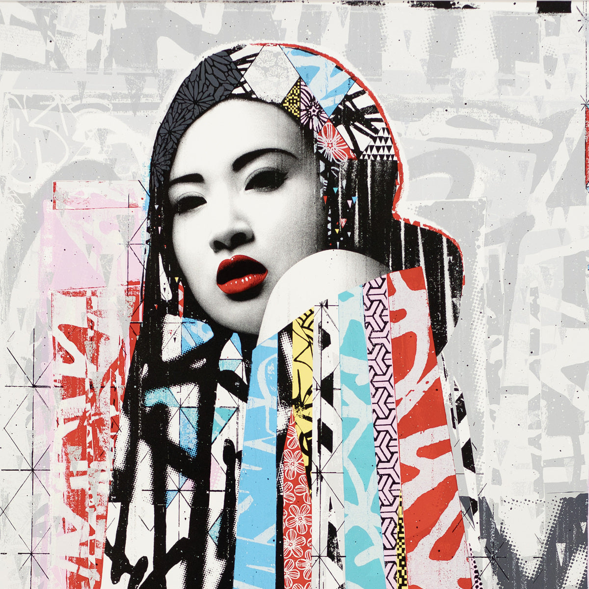 A striking artwork by Hush featuring a stylized female portrait with bold red lips, layered over intricate graffiti-style patterns and geometric textures in vibrant colours.
