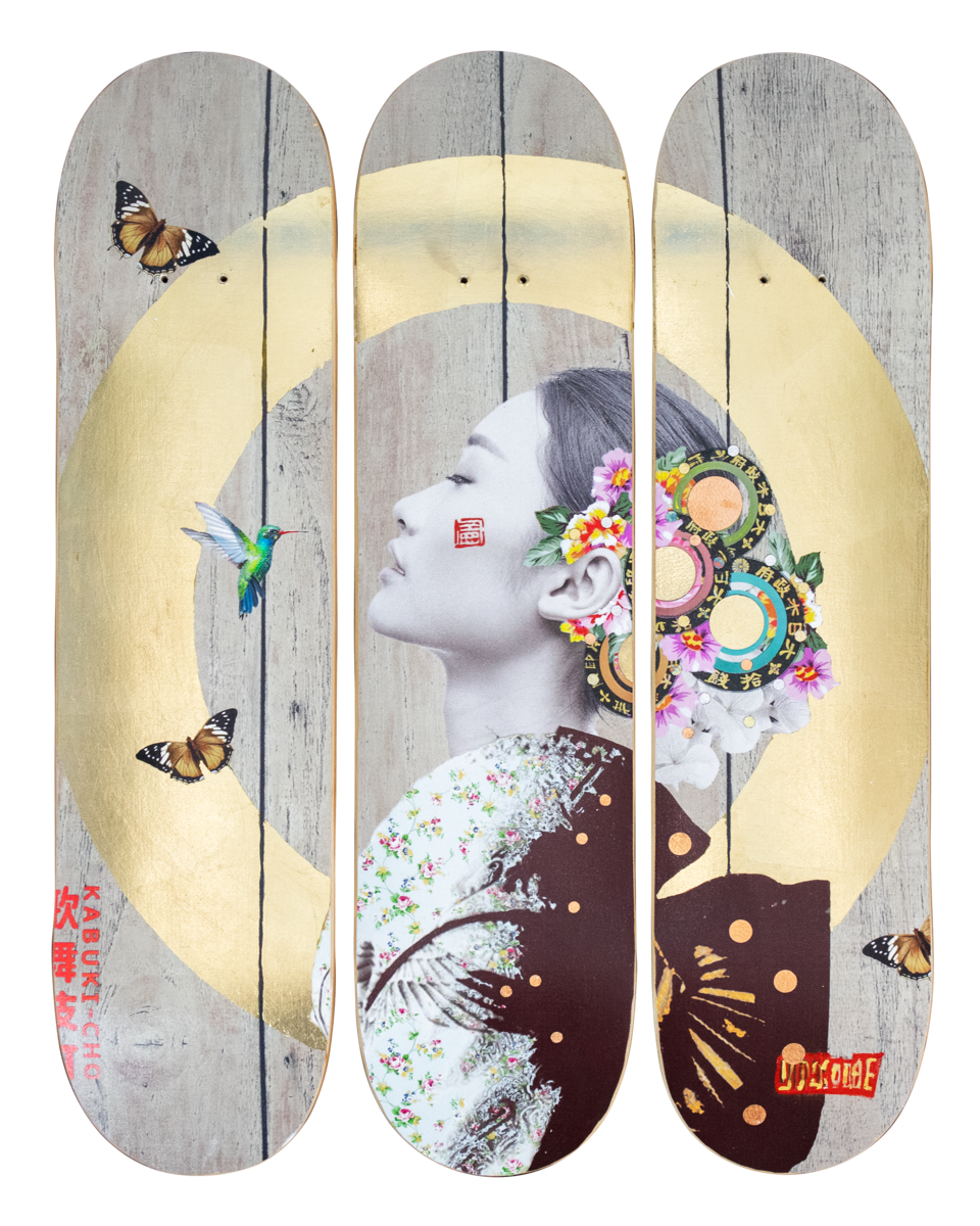 Patience - New Rose with Hummingbird - Skate Deck Trio in Gold Leaf