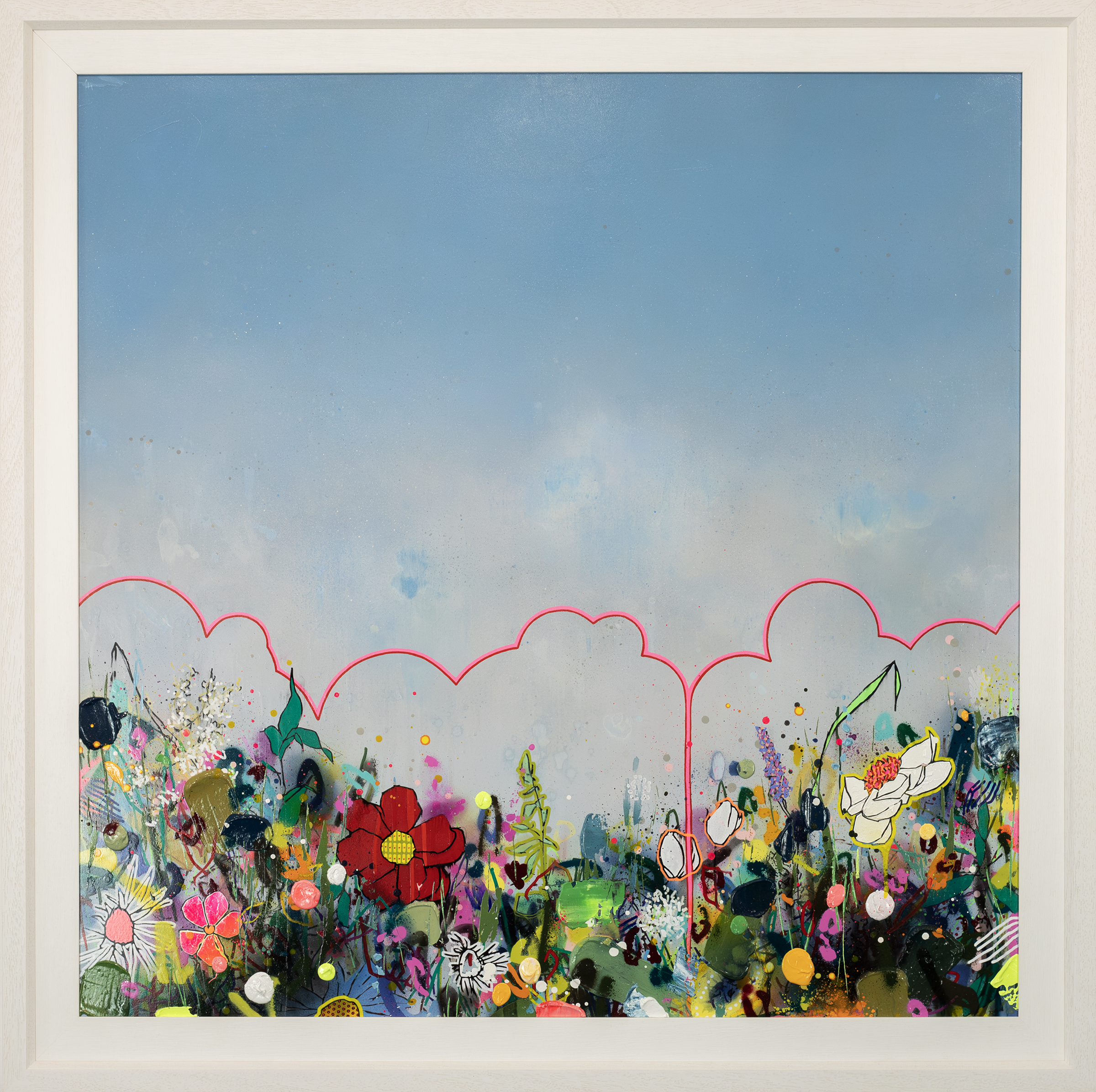 Colorful abstract artwork with flowers and a pink border on a blue sky background.