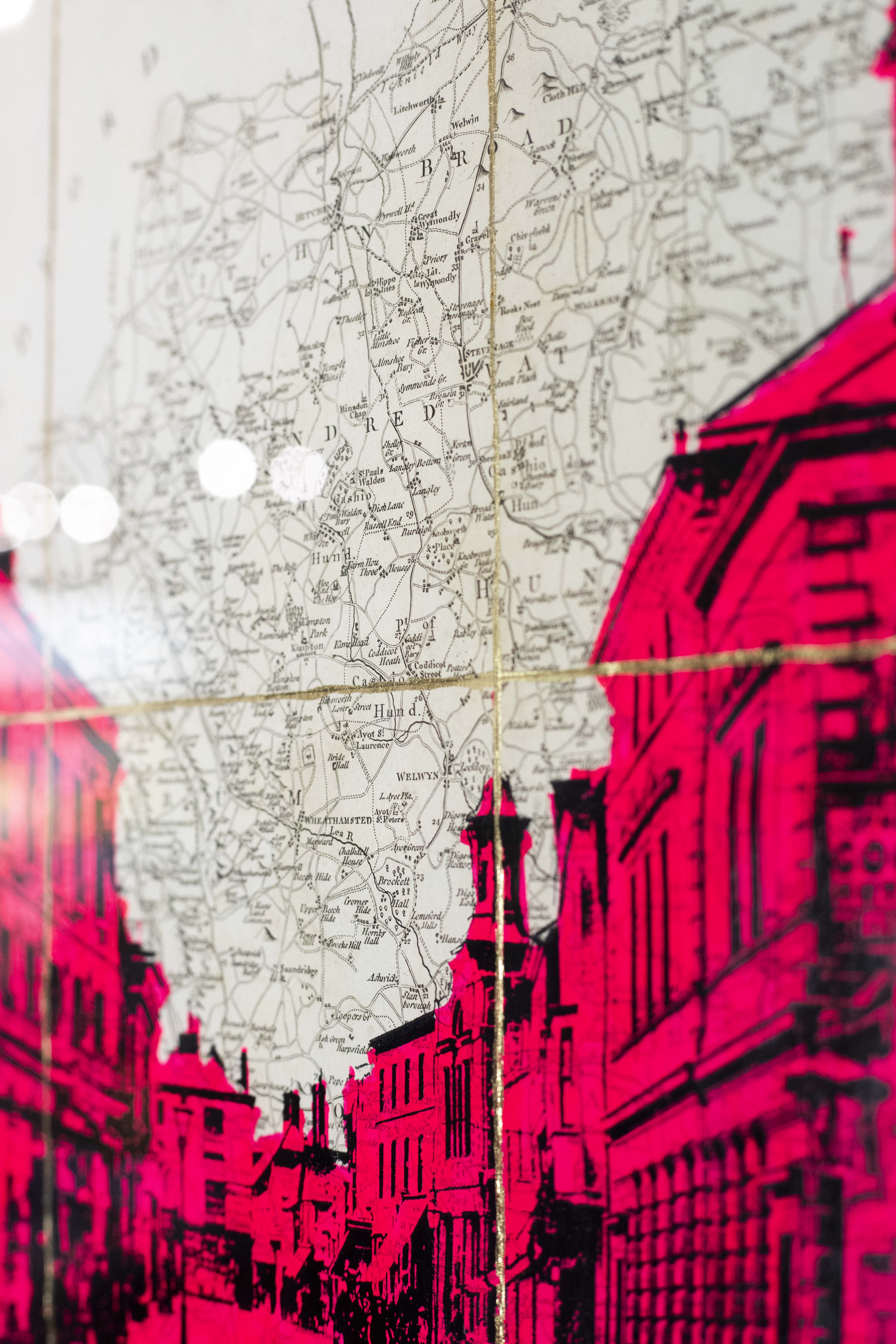 Horse and Cart, Hitchin 1908. Map 1805 Fluro Pink Ink