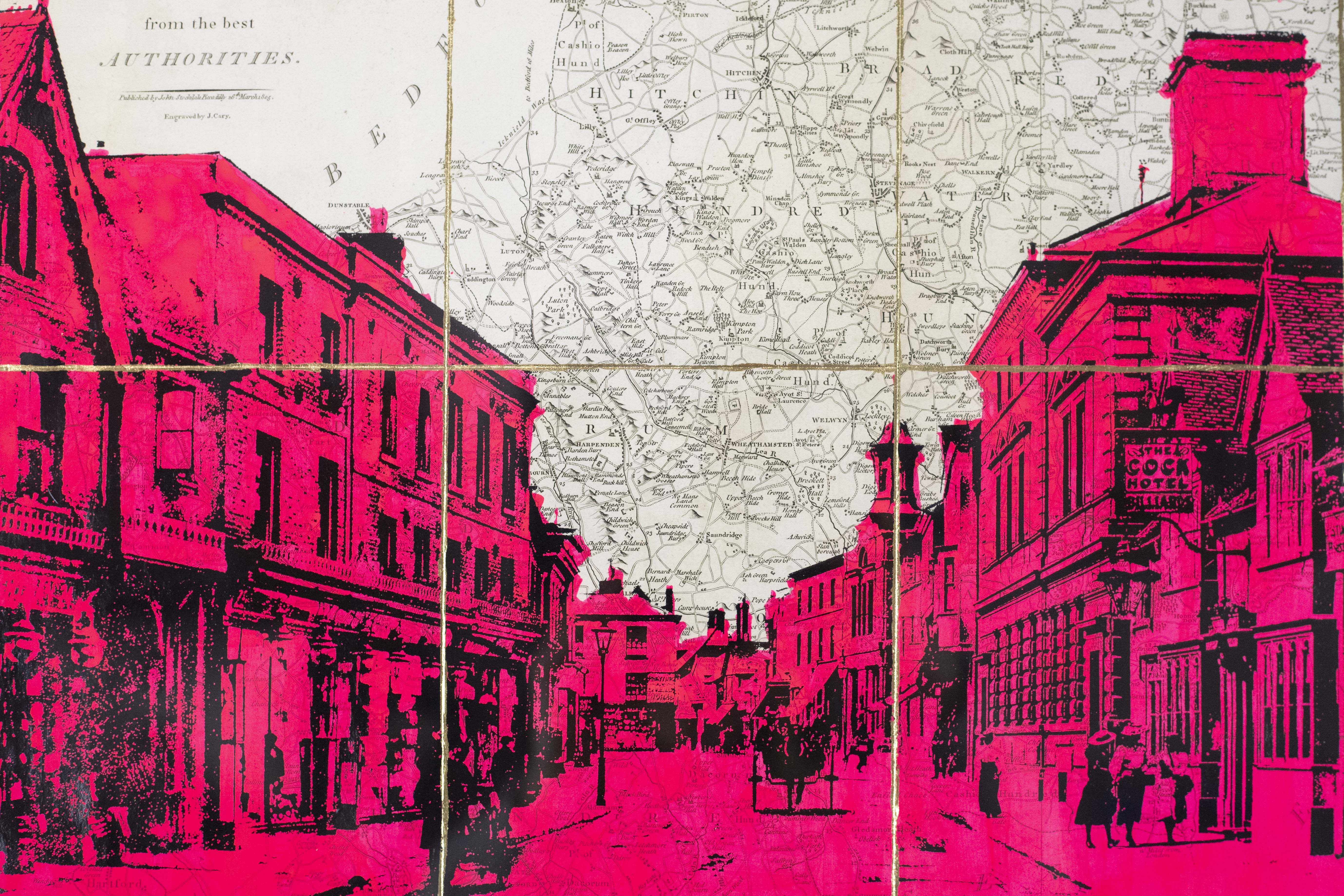 Horse and Cart, Hitchin 1908. Map 1805 Fluro Pink Ink