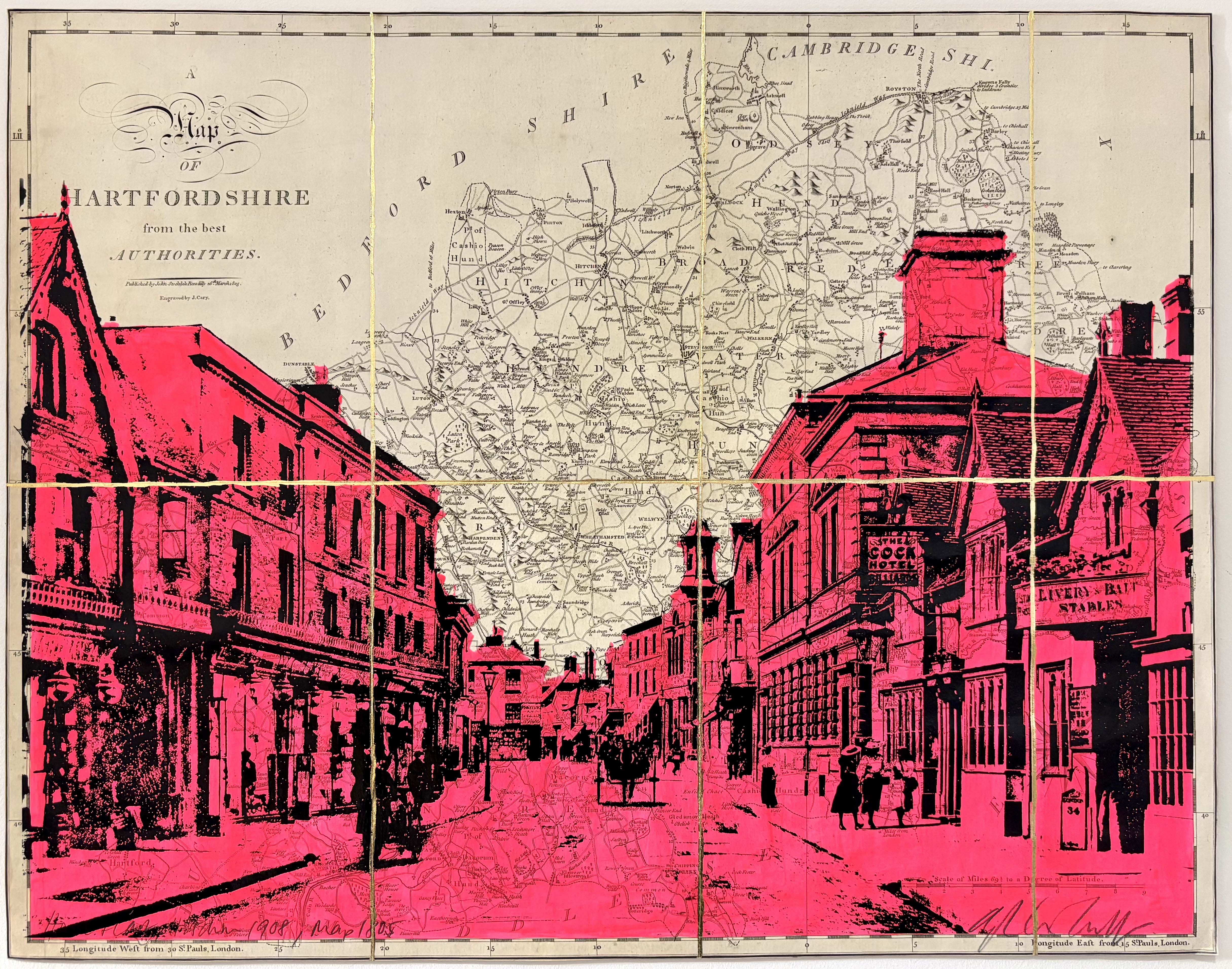 Horse and Cart, Hitchin 1908. Map 1805 Fluro Pink Ink